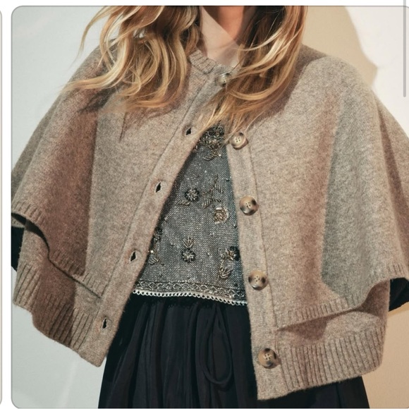 Zara Sweaters - ZARA TAUPE KNIT LAYERED CAPE SWEATER PONCHO CARDIGAN COZY FALL NEUTRAL CHIC SM
